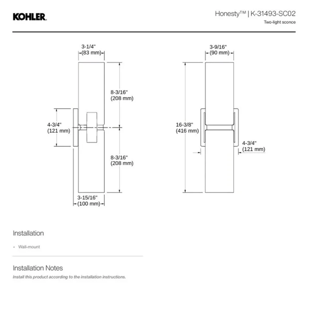 Kohler K-31493-SC02-CPL Honesty™ Two-light sconce, Polished Chrome